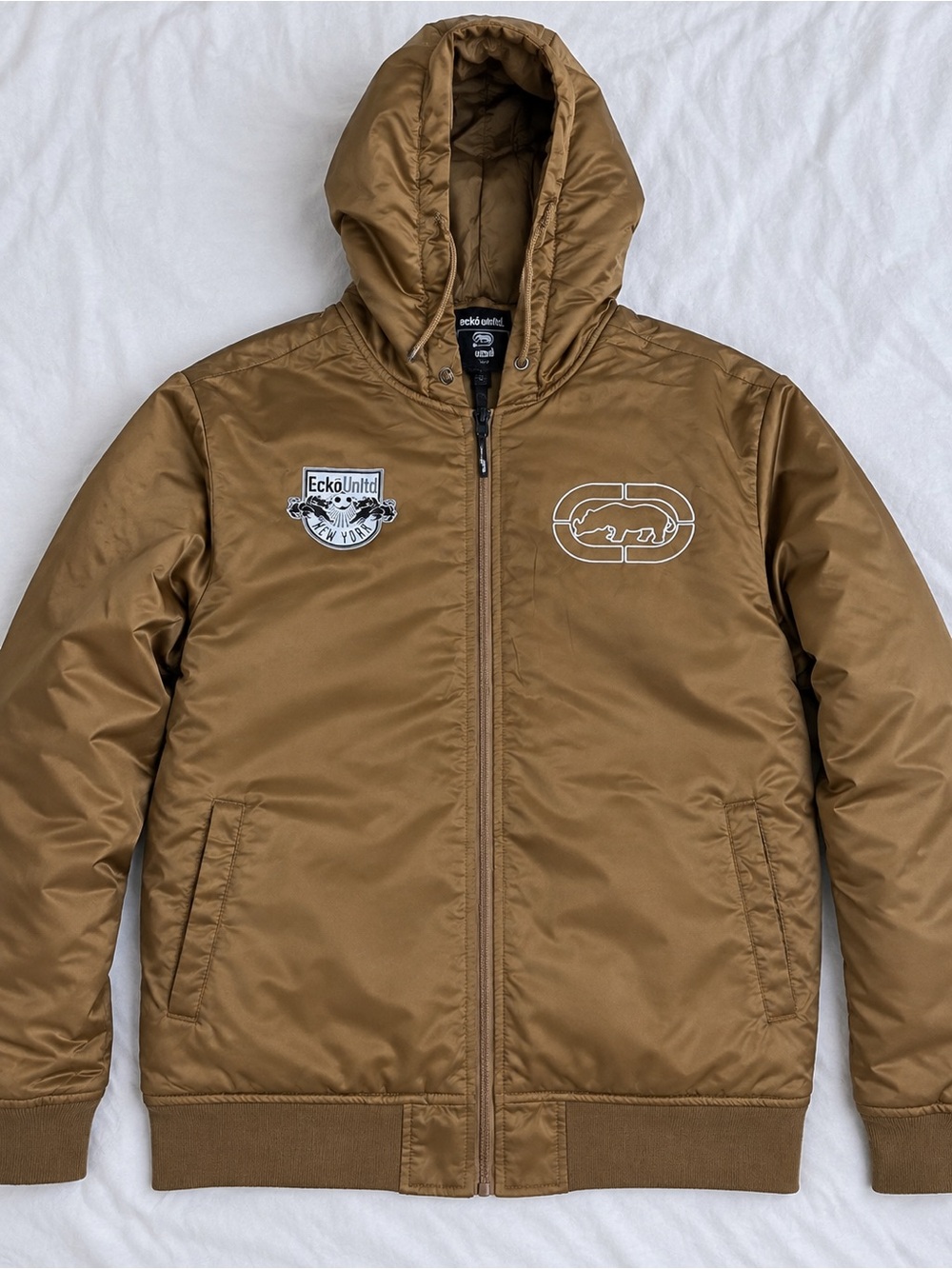 Marc Ecko Brown Hooded Puffer Jacket with Logo Patches